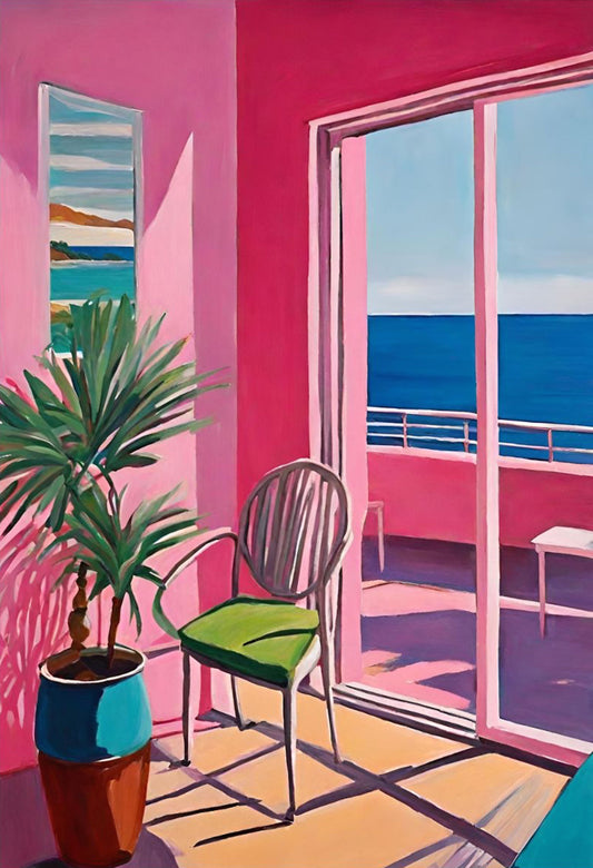 Colorful interior scene with a chair, plant, and view of water through a window art print hockney style
