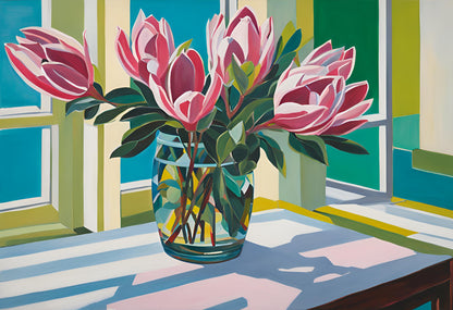 colourful hockney style art print  of pink proteas flowers with green leaves  in glass vase on table near window.