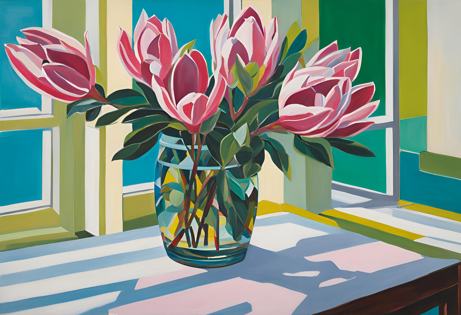 pink flowers in glass jar on table colourful painting