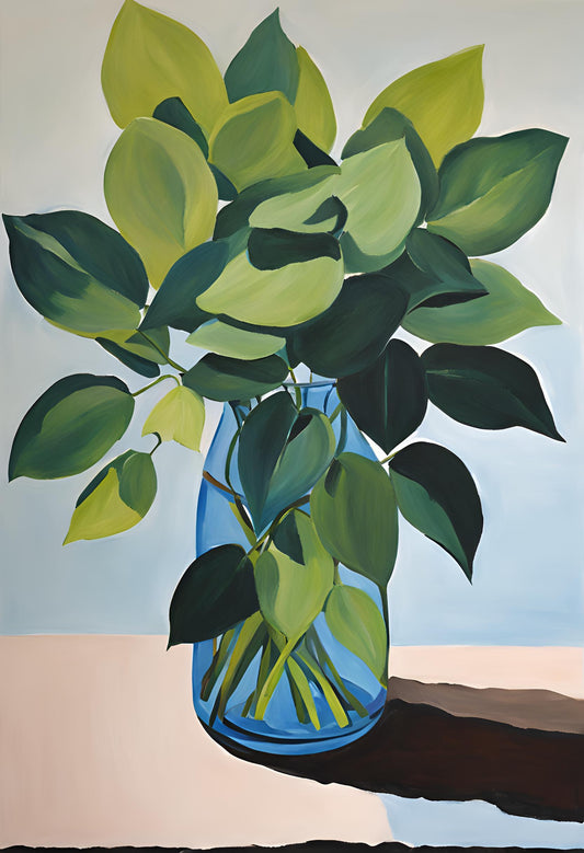 Painting of a glass vase with green leaves against a light background
