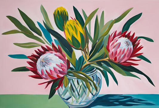 colorful proteas flowers in glass jar on able art print