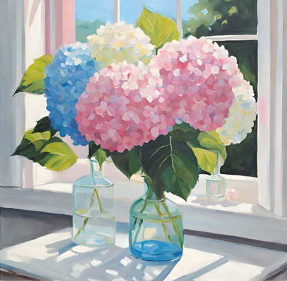 pink, blue and white hydrangeas in glass vases on table near window, art print.