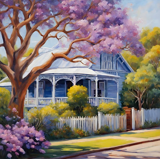 Painting of a blue weatherboard Californian bungalow house with a white picket fence and a large tree with pink  Jacaranda blossoms.