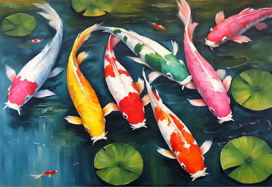 Colorful koi fish swimming in a pond with lily pads.