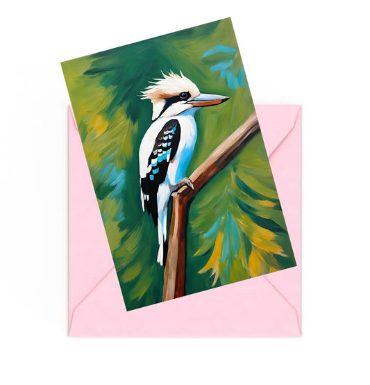 Mini art print of a kookaburra on a tree , on top of an envelope