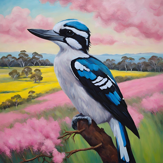 Painting of a blue and white Australian kookaburra  bird perched on a branch with a colorful landscape in the background mini art print