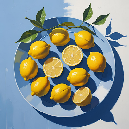Lemons on a blue plate with a blue background