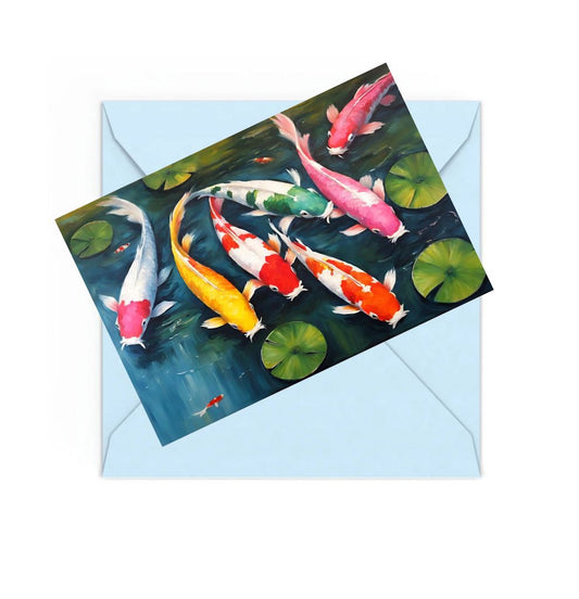 COlourful Koi fish with lily pads in pond mini art print, on top of a Blue envelope