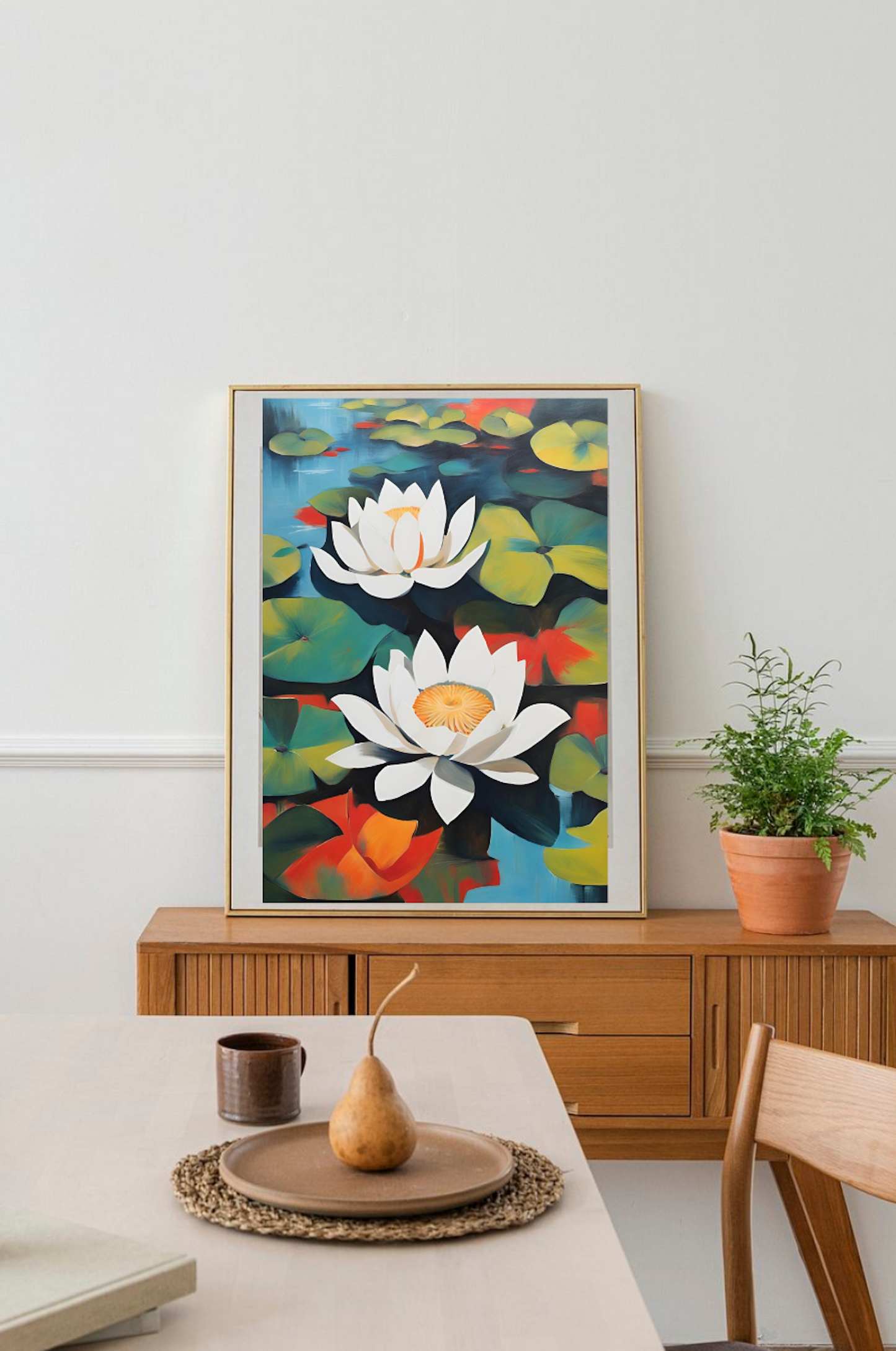 Colourful Lotus And Lilypads In Pond- Original Art-Giclée Print.