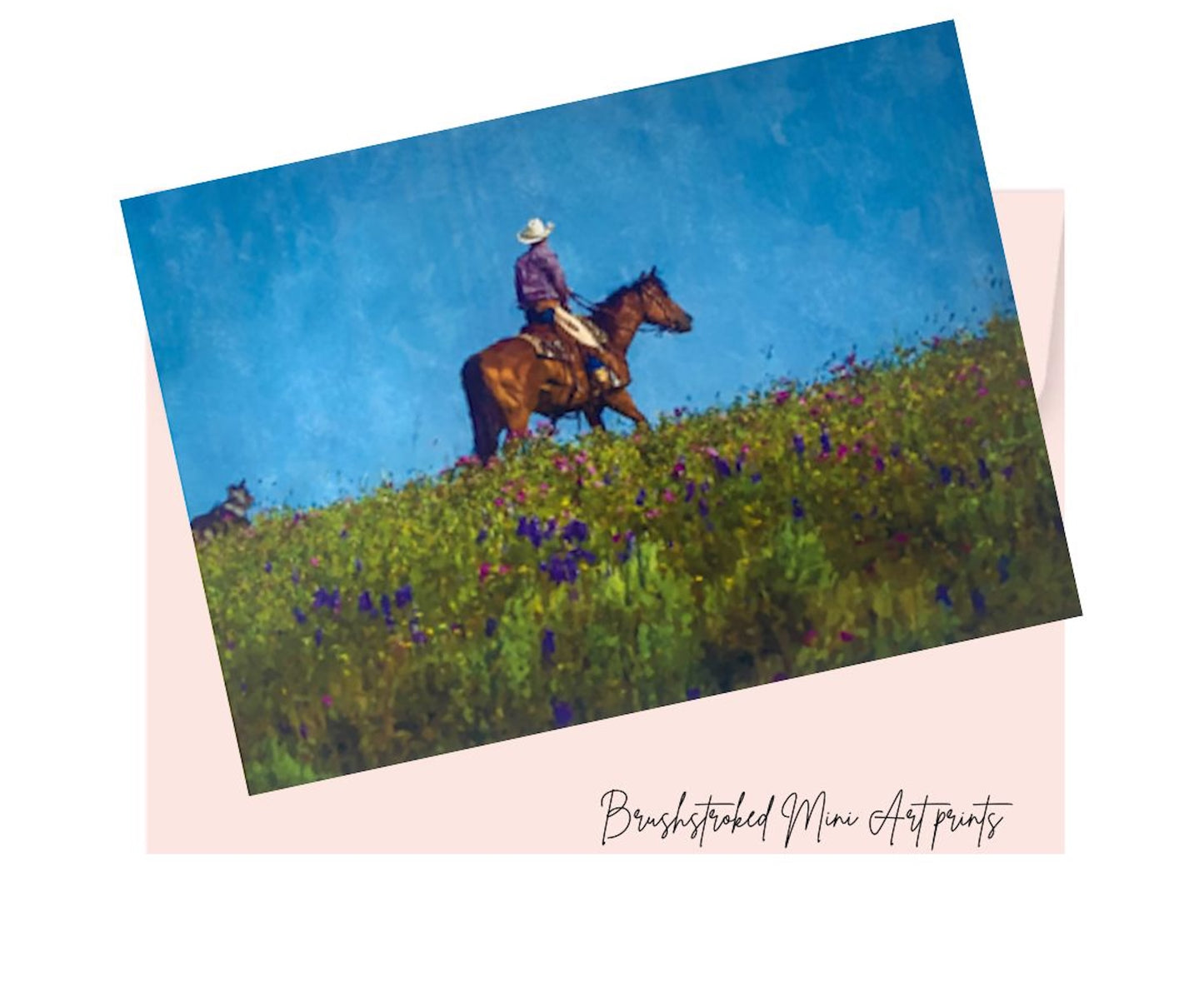 Man riding a horse wearing a hat with his dog and colourful wildflowers on the ground mini art print.