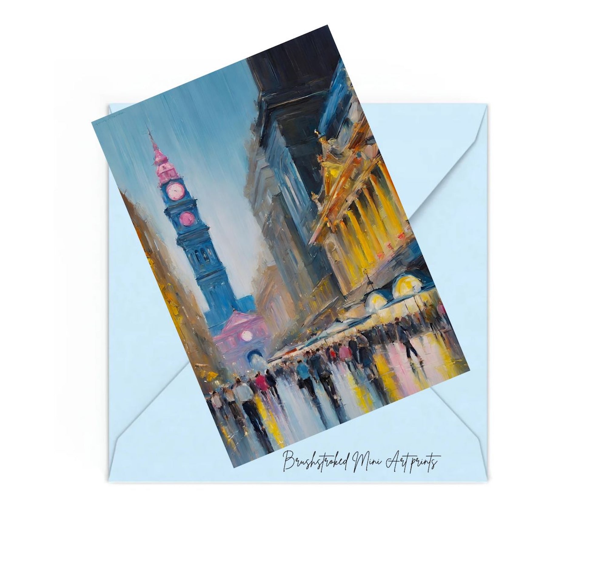 Melbourne city and rain mini art print on top of a blue envelope