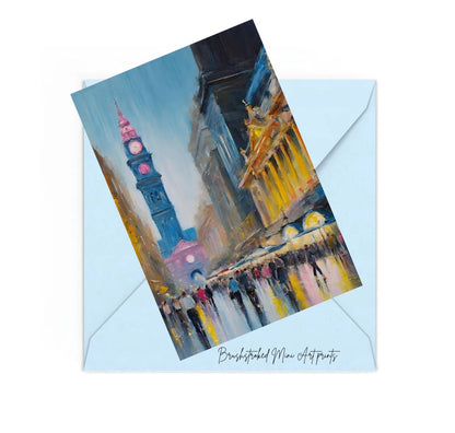 Melbourne city and rain mini art print on top of a blue envelope