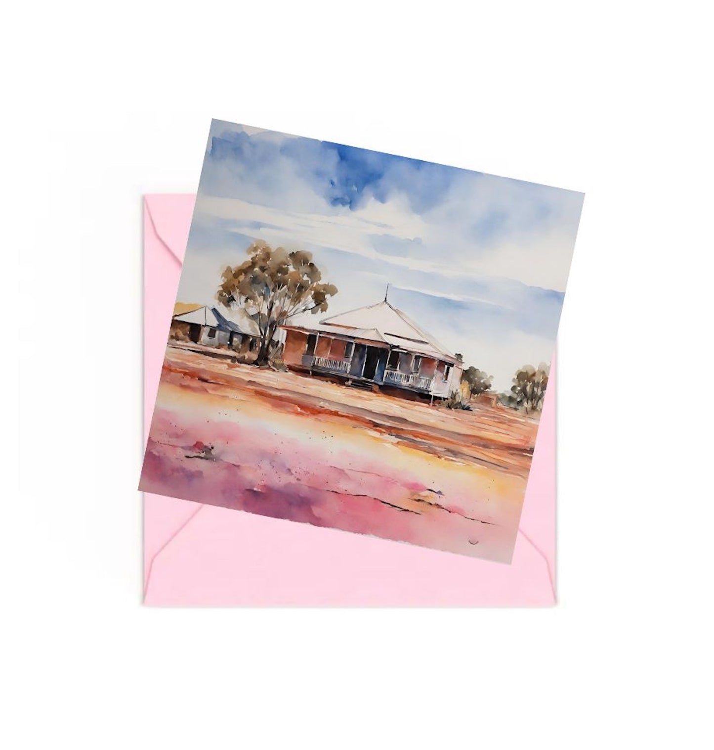 watercolour mini art print of Darwin Australia landscape, on top of a Pink envelope.