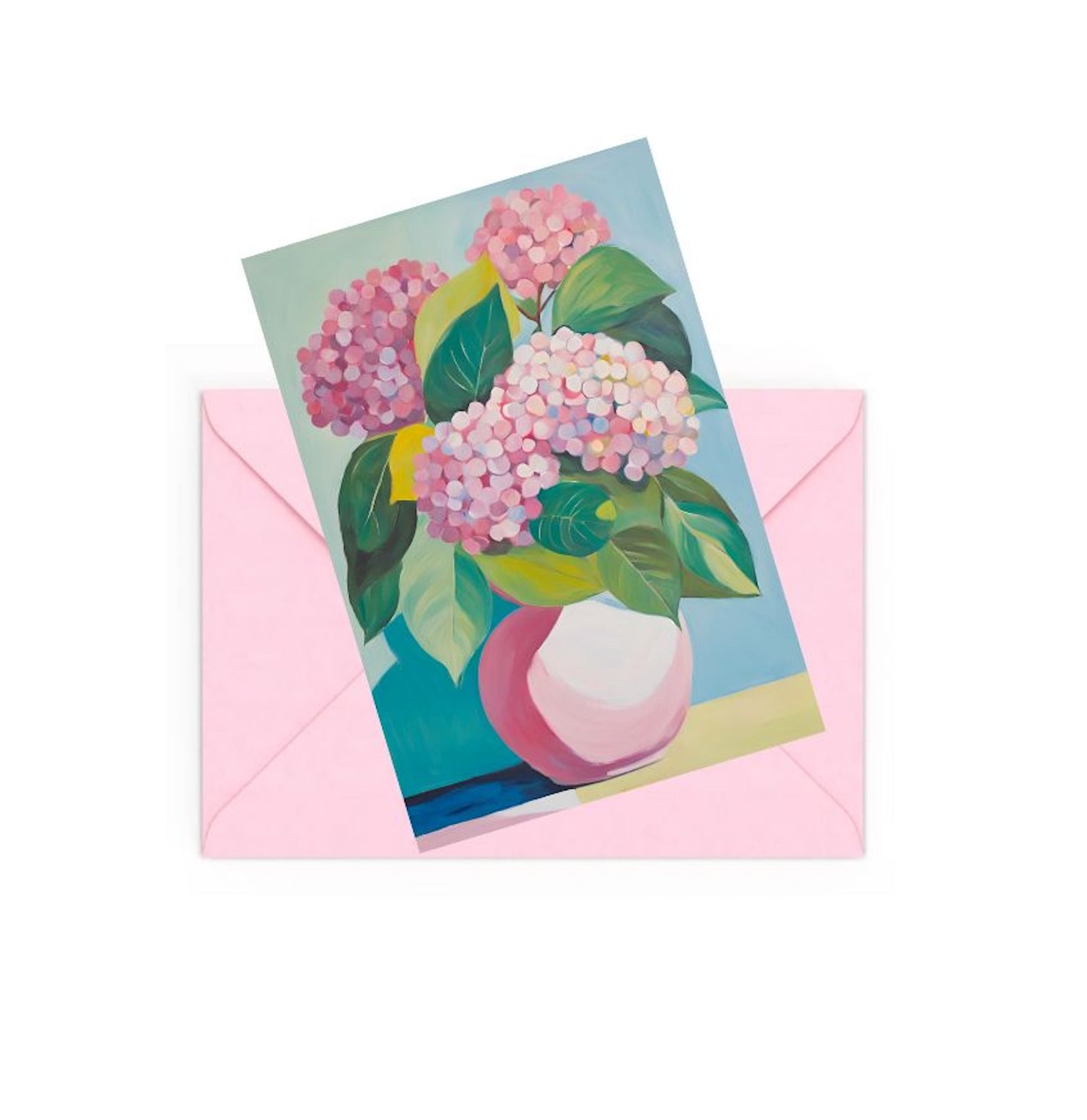 Mini art print of Hydrangeas in Pink vase on table, on top of a Pink envelope.