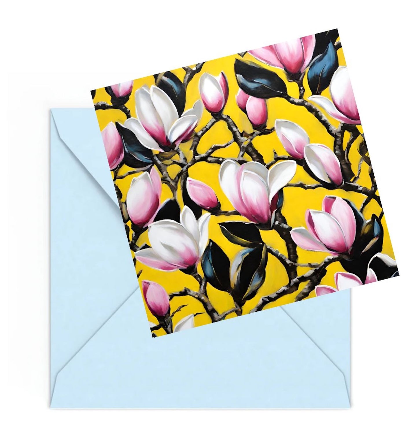 Mini art print of Pink and white Magnolia flowers on a Yellow background, on top of a Blue envelope.