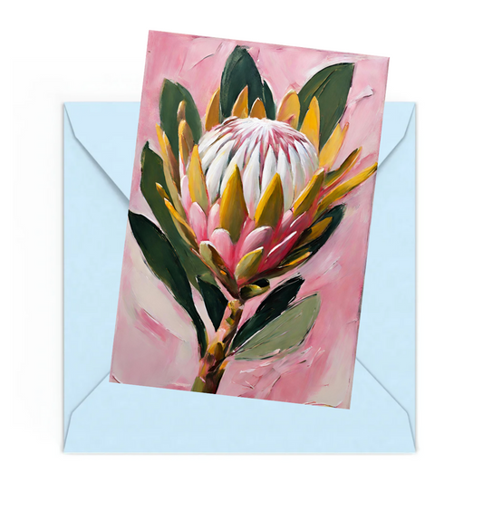 mini art print f a Pink Protea flower with Green leaves, on top of a Blue envelope
