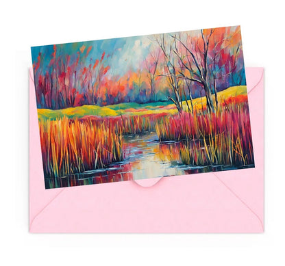 Mini art print of a colourful landscape with trees and a river, on top of a Pink envelope