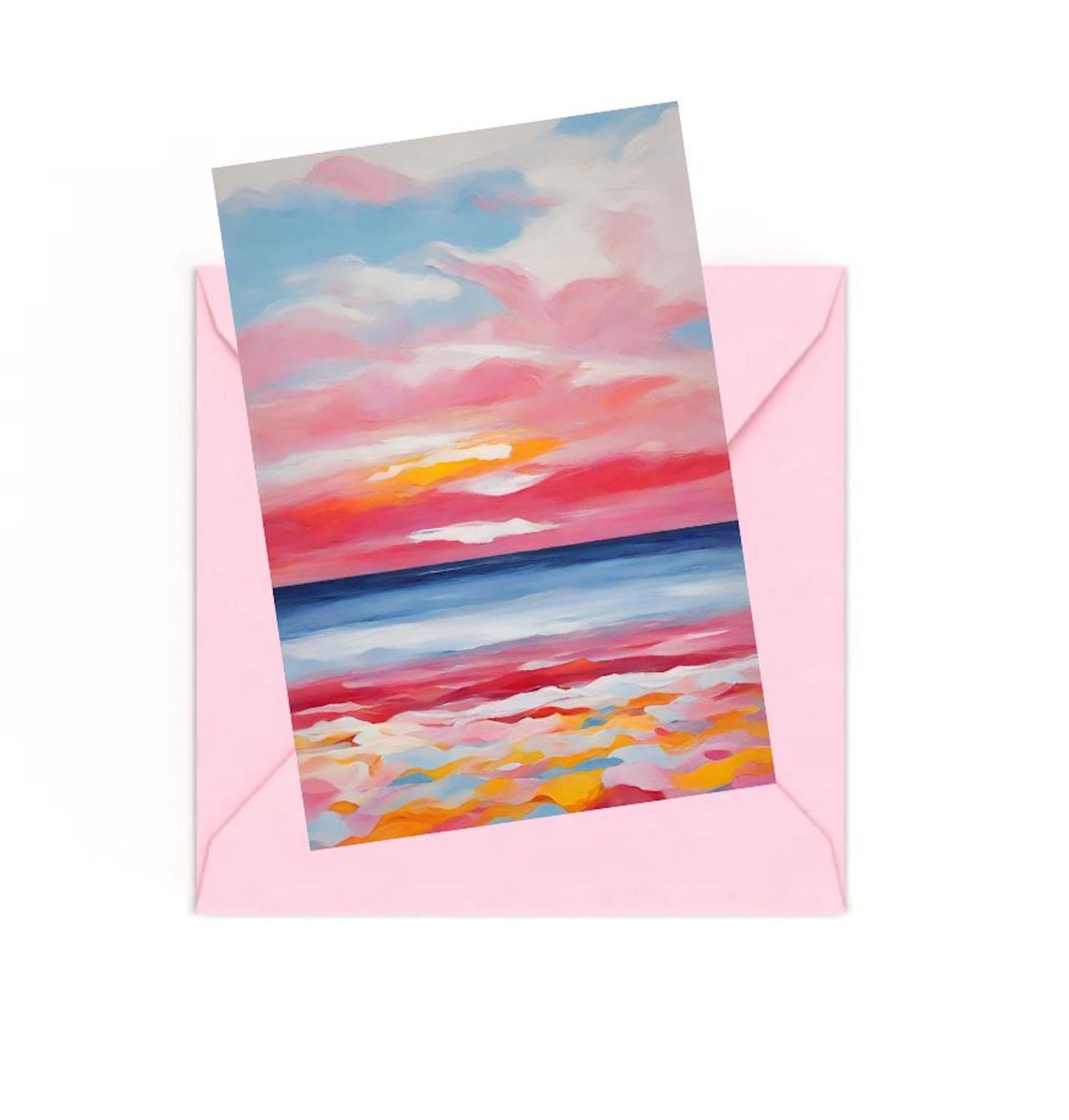 Colourful seascape sunset mini art print, on top of an envelope