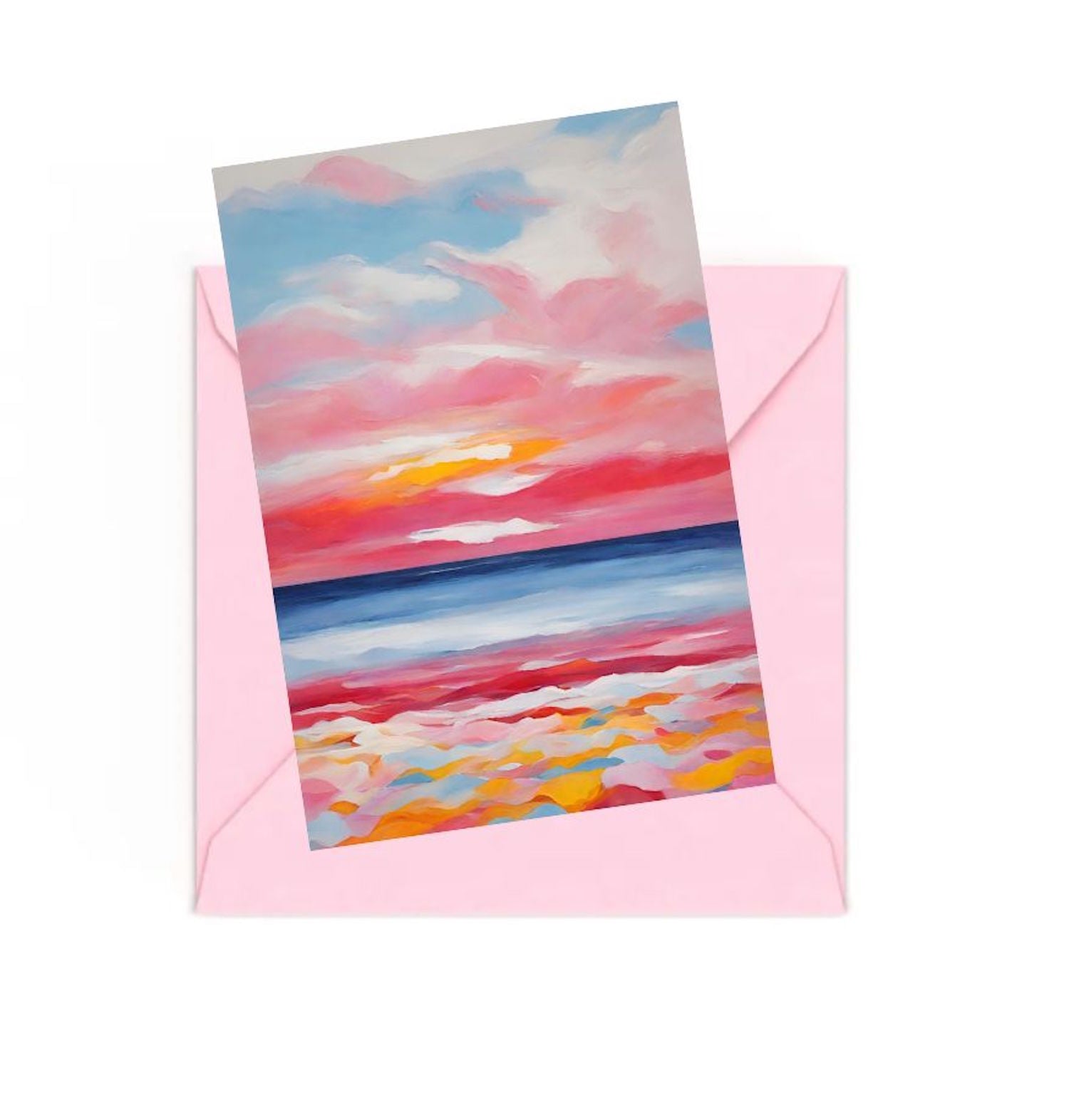 Colourful seascape sunset mini art print, on top of an envelope