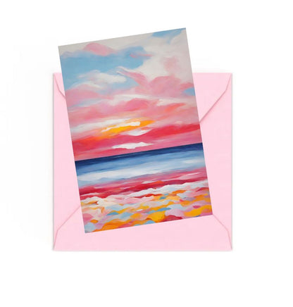 Colourful seascape sunset mini art print, on top of an envelope