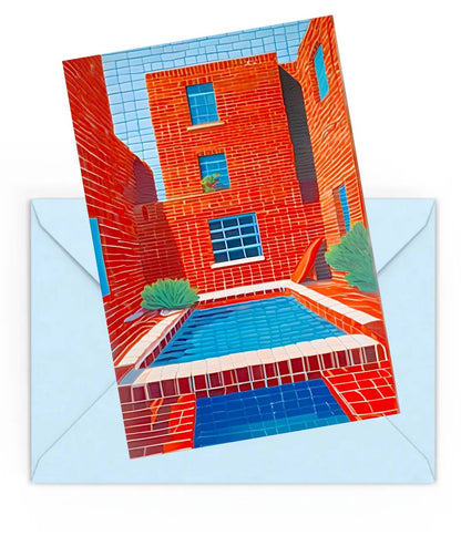 mini art print of a Red brick building with a Blue pool , on top of a Blue envelope