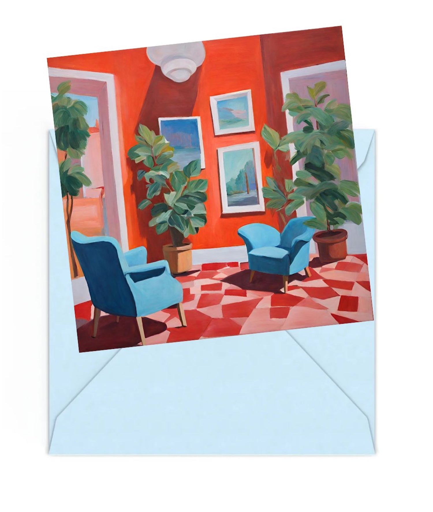 Mini art print of a colourful room scene on top of a Blue envelope.