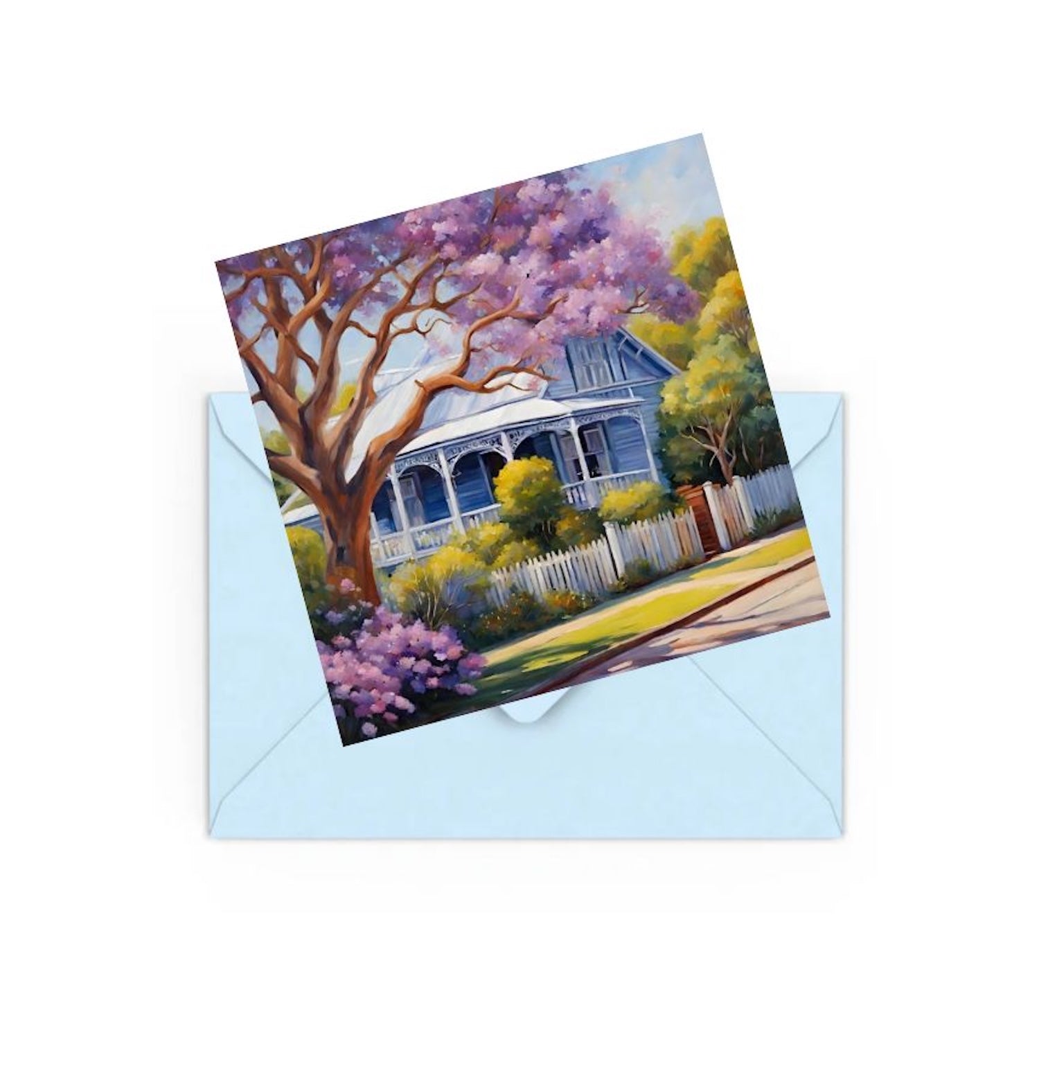 mini art print of an Australian weatherboard Californian bunglalow, on top of a Blue envelope