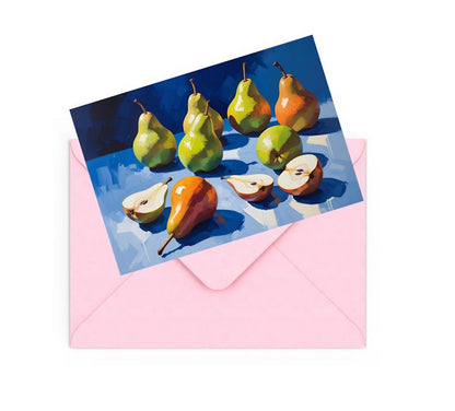 Mini art print of colourful pears, on pink envelope