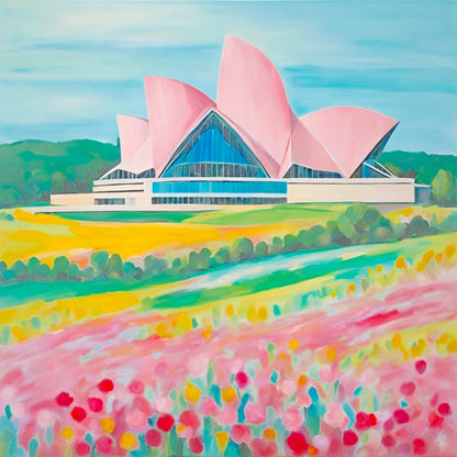 Artistic depiction of the Sydney Opera House, adorned with a variety of blooming flowers.