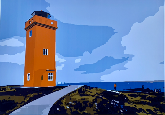 orange lighthouse on top of cliff blue skies art print.
