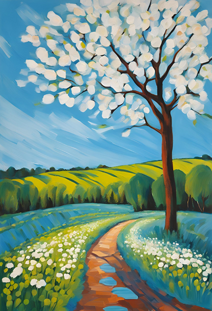 colourful whimsical landscape tree with white flowers blue sky path hill art print