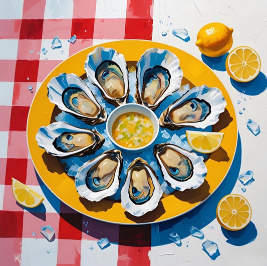 Oysters and lemons on yellow plate giclée wall art print