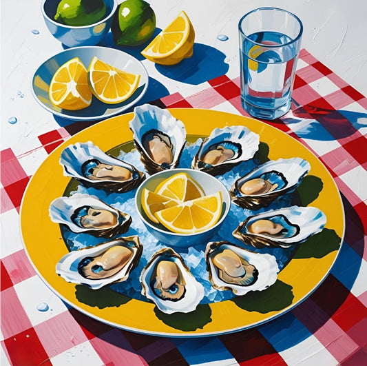 Yellow Platter of oysters with lemon wedges on a Red and white checkered tablecloth and a glass of water art print