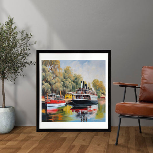 Framed painting of a river scene with paddle steamers in a room with a plant and chair.