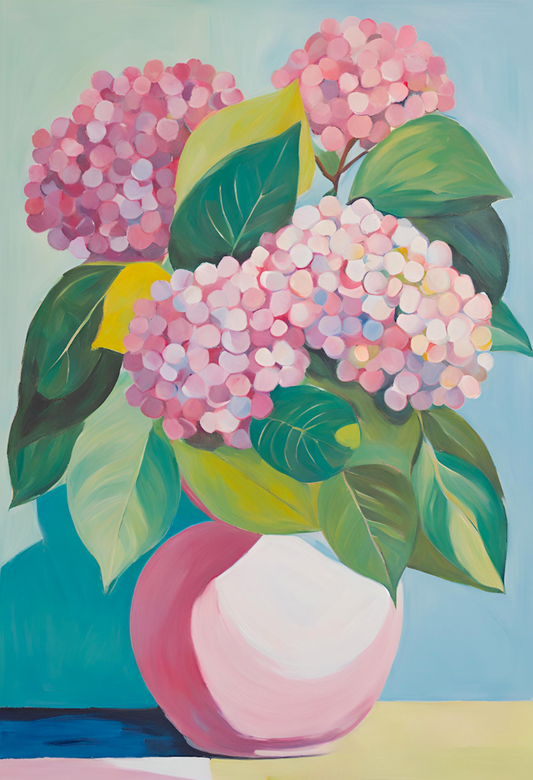 Painting of pink hydrangeas in a pink vase against a blue background