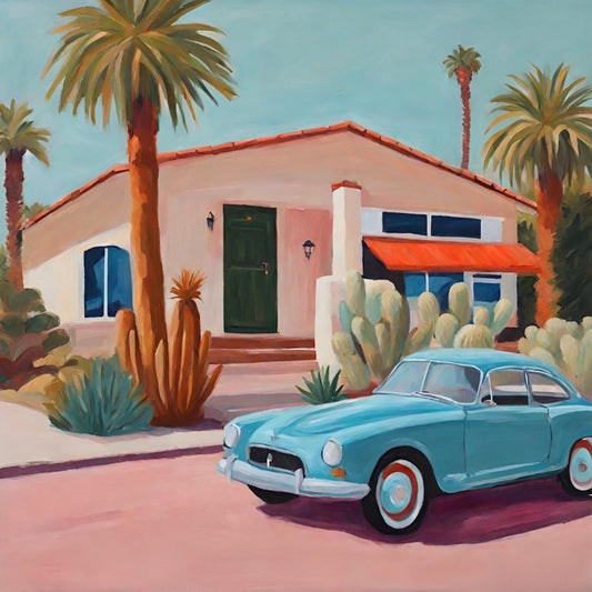 pink house in Palm Springs California-PalmTrees-Blue Vintage car-Art print