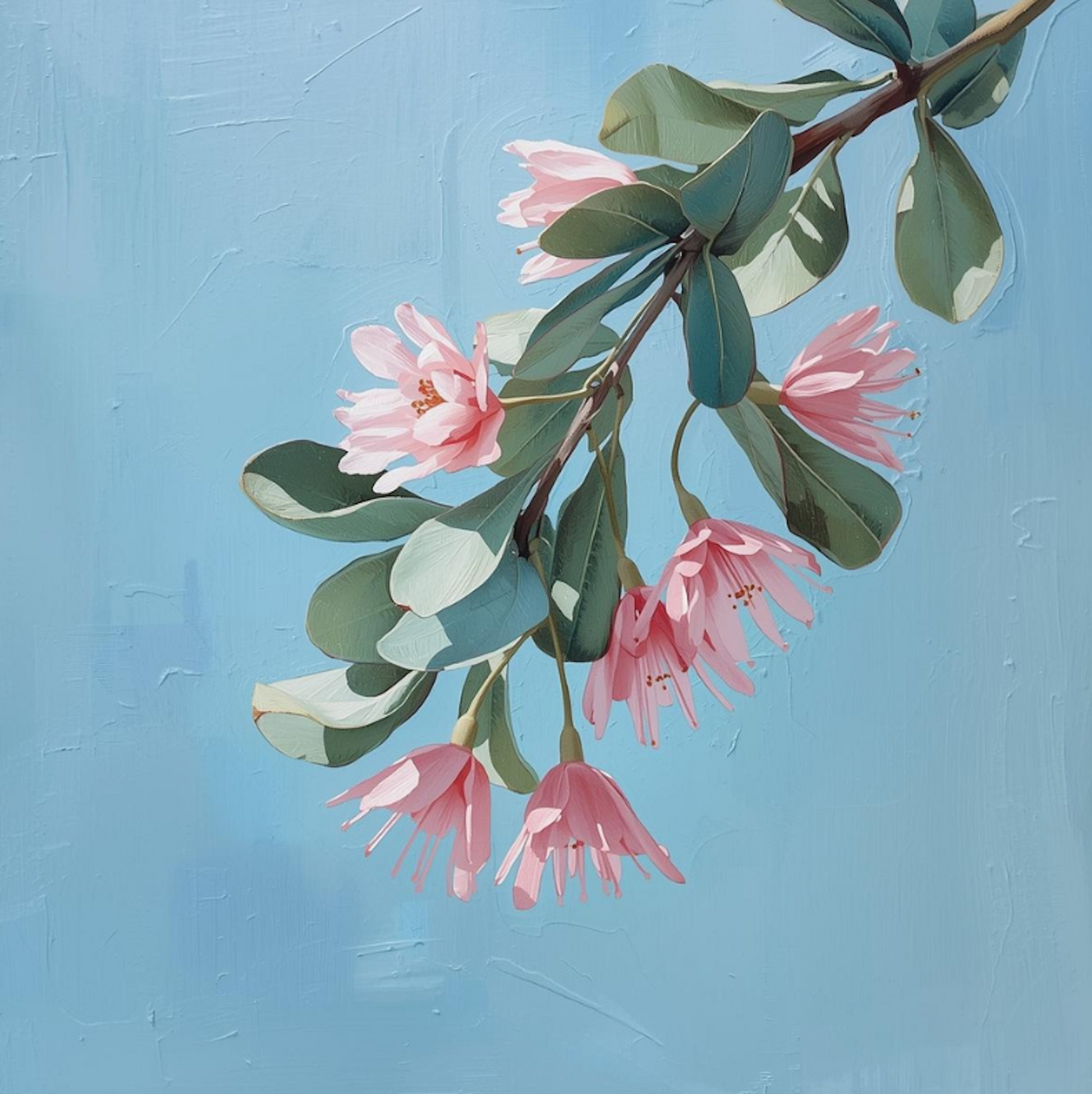 Branch with pink flowers and green leaves against a light blue background