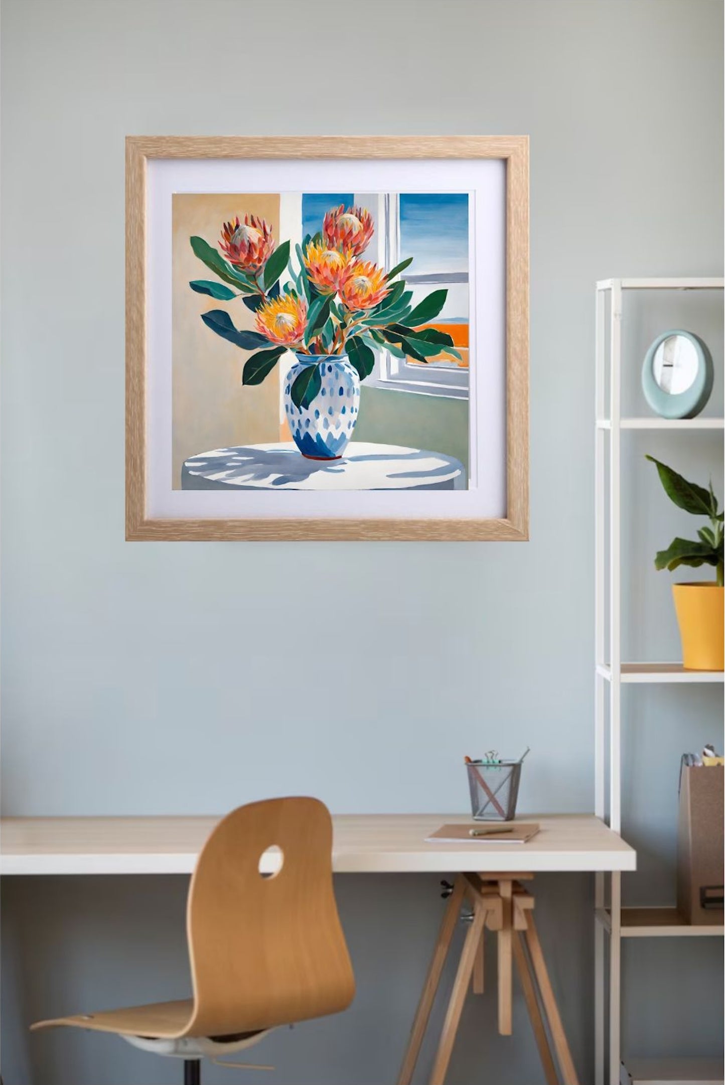 Pink And Orange Proteas In Blue And White Porcelain Vase . Original Floral Art Giclée Print