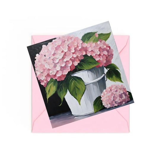 Pink Hydrangeas with green leaves in white bucket mini art print on Pink envelope