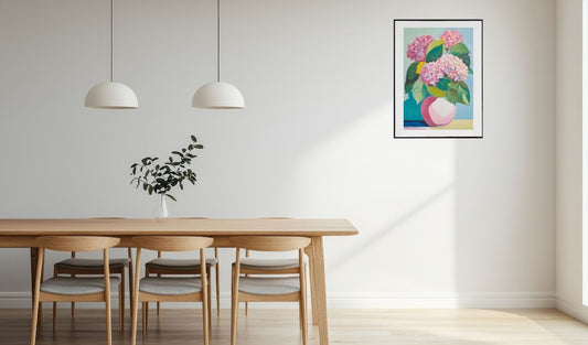 Dining room with wooden table, chairs, and a pink Hydrangeas in vase painting on the wall.