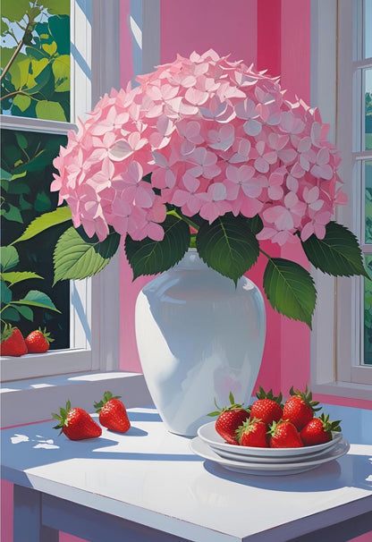 Pink hydrangea in a white vase on a table with strawberries, set against a pink striped wall.