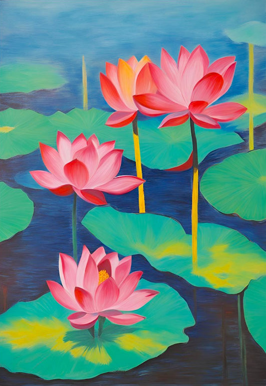 Colorful painting of pink lotus flowers and green lily pads on water art
