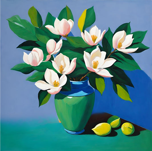 Art print of a green vase with white Magnolia flowers and green leaves on a blue background .