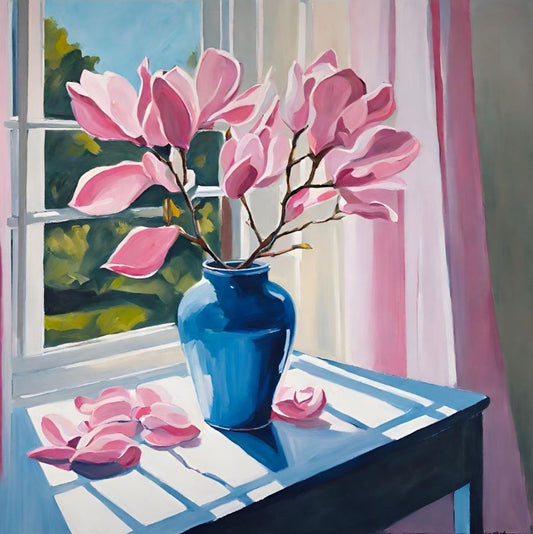 Painting of a blue vase with pink flowers on a table by a window.