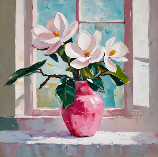 Pink Magnolias in pink vase on table art print