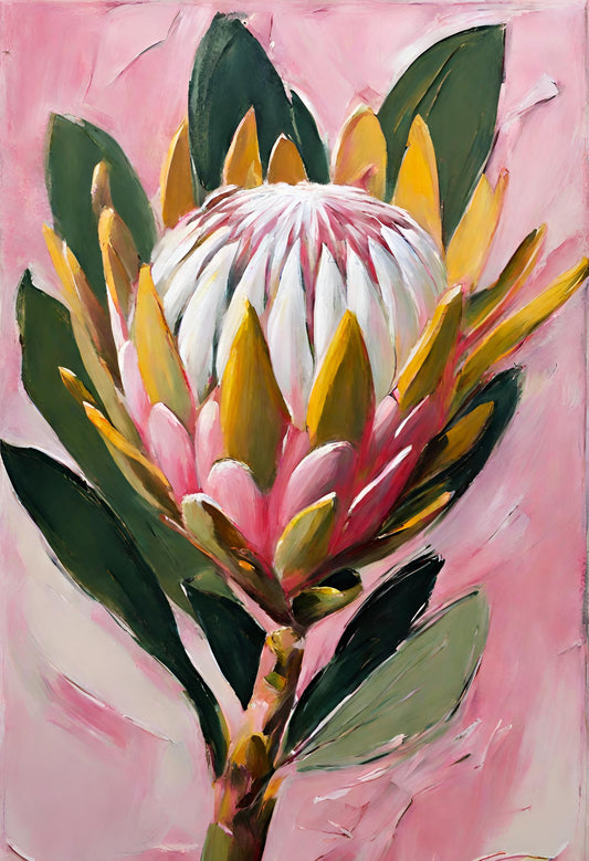 Protea flower painting on a pink background