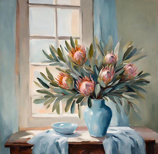 Pink Proteas in Blue vase on table art print