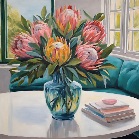 Pink and orange proteas in blue glass vase, giclée art print by Brush Stroked.