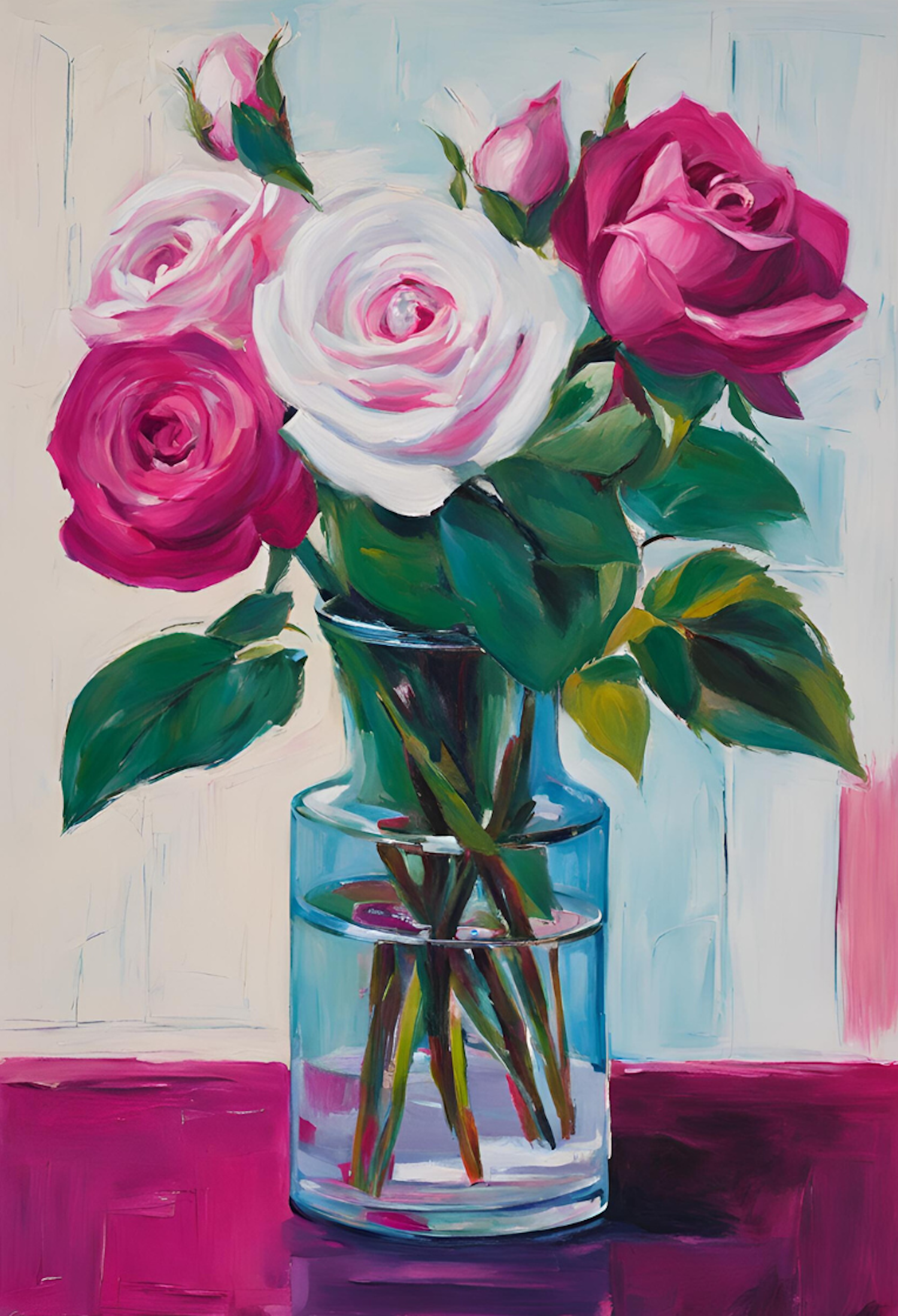 A vibrant painting of pink and white roses in a transparent vase, showcasing their delicate beauty.