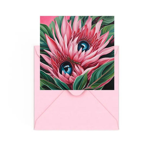 Surrealist Pink flowers with Blue eyes and Green leaves mini art print on Pink envelope.